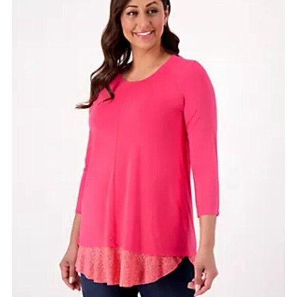 LOGO by Lori Goldstein Rayon Tunic Top with Lace Hem Tea Berry Pockets Sz XS - Picture 2 of 16